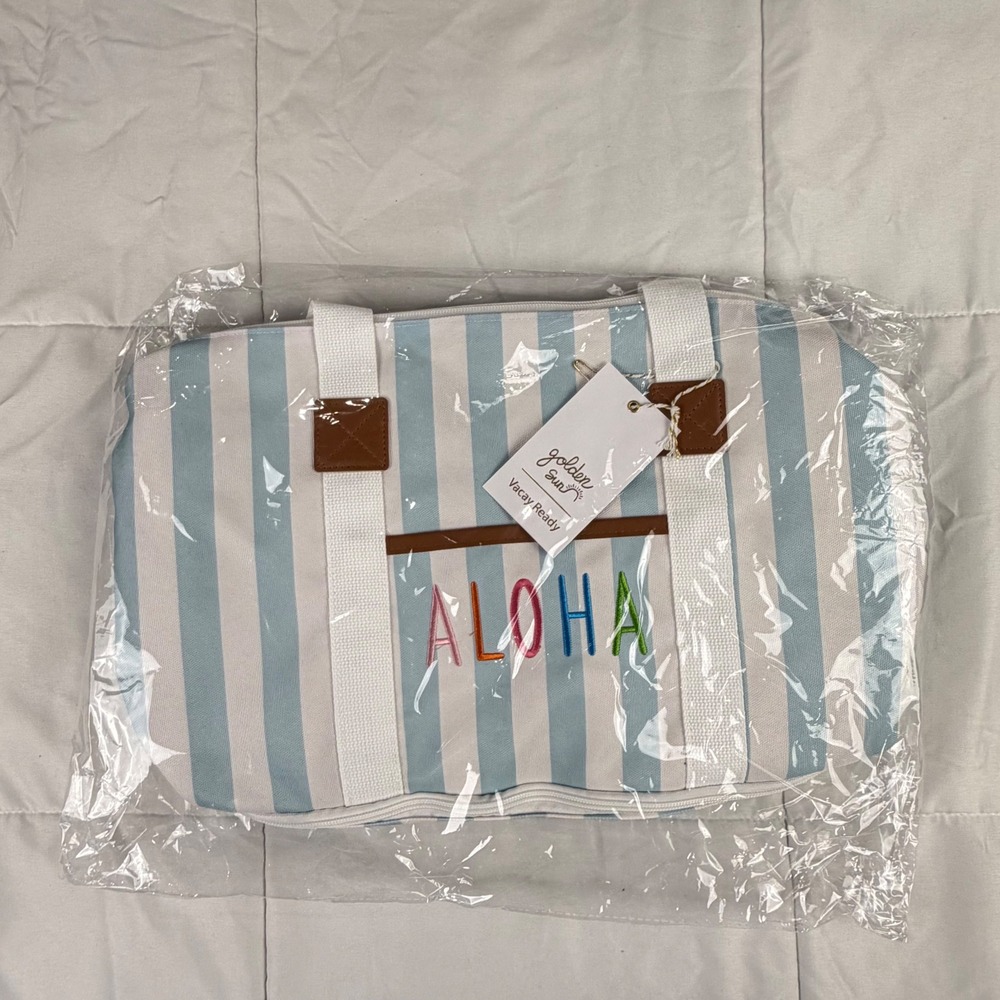 Golden Sun Tote Bag Blue White Striped Aloha Embroidered Canvas NEW